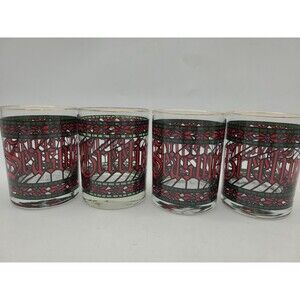 Set 4 Houze Stained Glass Seasons Greetings Christmas Rocks Glasses Gold Rim